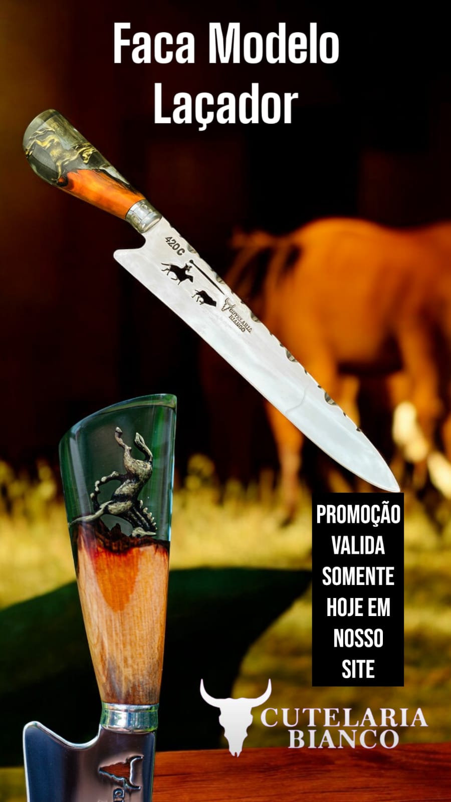 Faca de Churrasco 10" 3mm Lâmina Modelo Laçador  com Cabo Pingente Cavalo + Case especial em couro